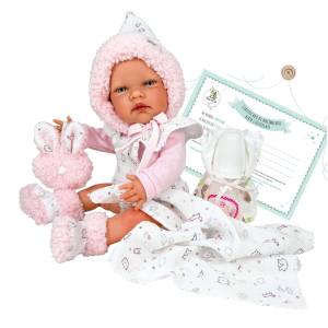  Ръчно изработена кукла от Испания - Reborn Baby Doll - Реалистично бебе Руби с пухкава шапка и много аксесоари (NDO-0237)