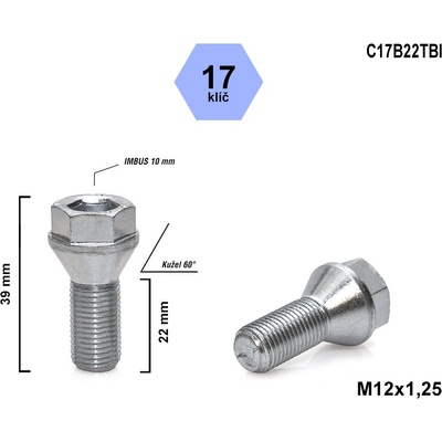 Kolový šroub M12x1,25x22 kužel s krátkou hlavou, klíč 17, C17B22TBI, výška 39 mm | Zboží Auto
