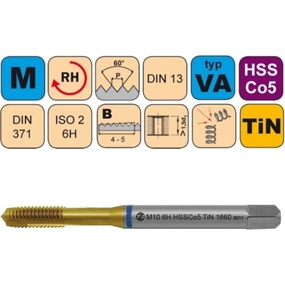 Závitník strojní M3x0,5 ISO2 HSSCo5 TiN DIN 371 B