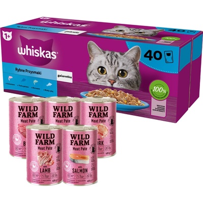 WHISKAS Adult sáčky 40 x 85 g Fishy Treats + WILD FARM Pate 5 x 400 g MIX