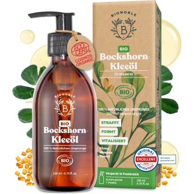 BIONOBLE Organic Fenugreek Oil - Firms and shapes breasts and buttocks - 100% Natural Fenugreek Oil - Odorless oil macerate from seeds - Organic Fenugreek Oil - Glass bottle with pump - 200ml - France