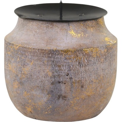 Zlato-přírodní antik dřevěný svícen na sloupovitou svíčku - Ø 9*8 cm - Chic Antique