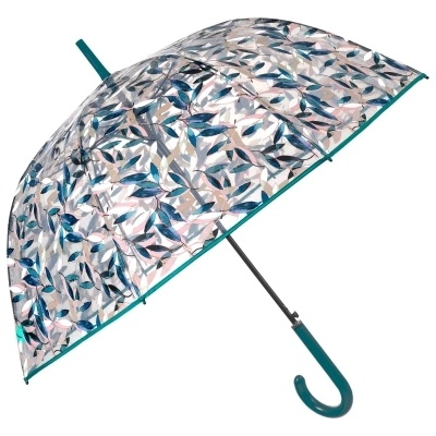 Дамски прозрачен автоматичен голф чадър Perletti Time 26388, Прозрачен/ зелени листа