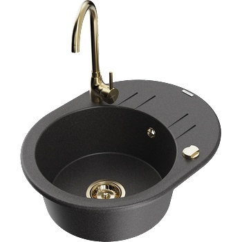 Mexen Kevin еднокоморна мивка от гранит с капак и кухненски смесител Telma, черна с пръски - 6517-76-670200-50 (6517-76-670200-50)