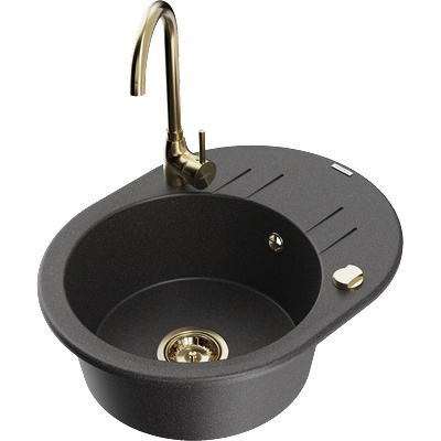 Mexen Kevin еднокоморна мивка от гранит с капак и кухненски смесител Telma, черна с пръски - 6517-76-670200-50 (6517-76-670200-50)