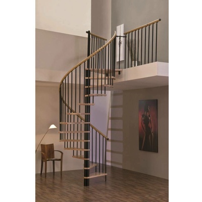 Minka Spiral Wood Black - točité schody, průměr 120 cm, 140 cm nebo 160 cm · nášlapy buk masiv · černá barva konstrukce