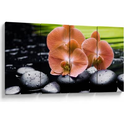 Obraz - Oranžová orchidea s palmovými listami, štvordielne 160x80 cm