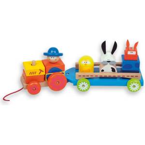 Andreu Toys Дървен трактор за дърпане с животни и ремарке, Andreu Toys