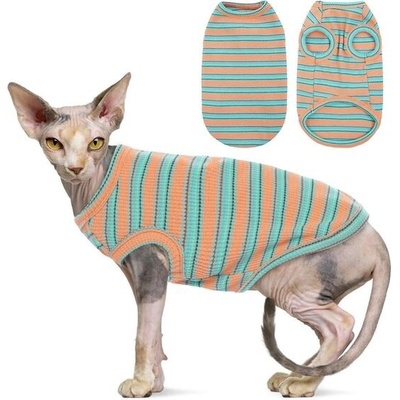 OUOBOB Oblečení pro kočky Sphynx Prodyšné bezsrsté kočičí pruhované tričko s potiskem pro koťata