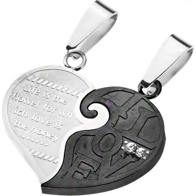 Šperky Eshop Přívěsky pro dva rozdělené srdce černé a stříbrné barvy zamilovaný vzkaz AA32.23