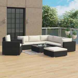vidaXL Градински комплект с възглавници, 8 части, черен полиратан (46766)