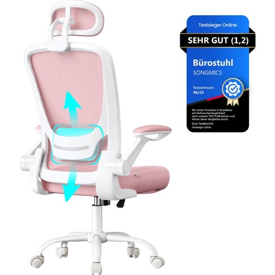SONGMICS Ergonomic Office Chair, Swivel Chair with Mesh, Lumbar and Headrest, Rocker Function, 53cm Seat, Folding Armrests, Study and Bedroom, Students, Pastel Pink OBN047R01