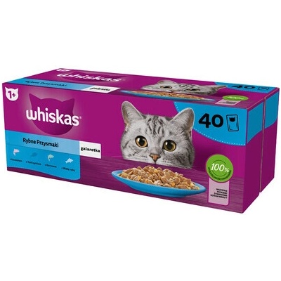 WHISKAS Adult kapsičky Rybí příchutě v želé losos, tuňák, treska, bílá ryba + TRIXIE Plyšová myš s šantou šantou 7 cm 40 x 85 g