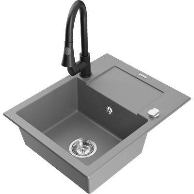 Mexen Enzo гранитна мивка с 1 отделение с отцедник и кухненски смесител Elia, сив - 6506-71-670101-70 (6506-71-670101-70)