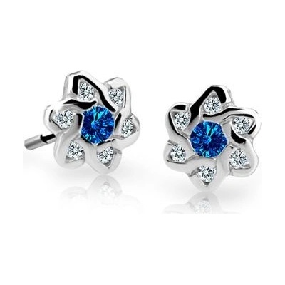 Danfil dětské náušnice kytičky C2149 z bílého zlata s kamínky Dark Blue zapínání puzeta
