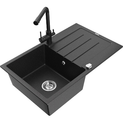 Mexen Bruno мивка от гранит с 1 отделение с отцедник и кухненски смесител Duero, черен/сребърен металик - 6513-73-671600-70 (6513-73-671600-70)