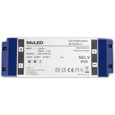 Nábytkový LED napájecí zdroj McLED 24VDC 200W 8,3A ML-732.076.11.1