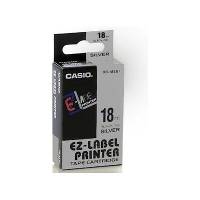 Casio XR-18SR1, 18mm x 8m, čierna tlač/strieborný podklad, originálna páska