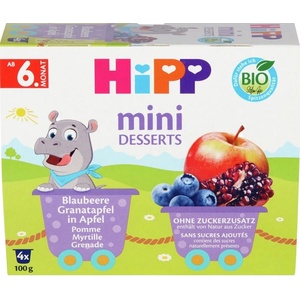 Hipp Био десерт Hipp - Боровинки, нар и ябълки, 6м+, 4 х 100 g (5812) - ozone