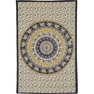 Sanu Babu přehoz na postel s tiskem černo-žlutý sloni a jeleni mandala 130 x 210 cm