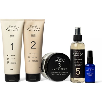 Tomas Arsov Starostlivosť o poškodené vlasy Bonfire šampón 250 ml + oplachový kondicionér 250 ml + Architekt maska 250 ml + Marulový olej s vitamínom E 50 ml + Hair Liquid Keratin. voda 200 ml set