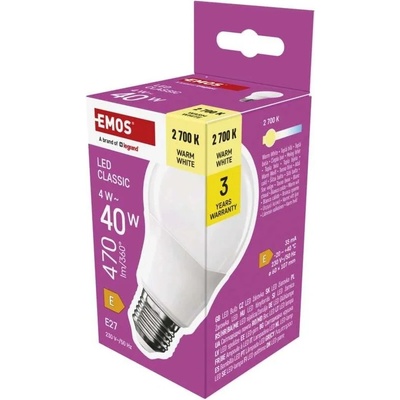 Emos ZQ5E21 LED ZIAROVKA CLASSIC A60 E27 4 W 40 W 470 LM TEPLA BIELA