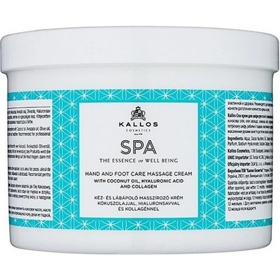 Kallos BodyArt masážny krém na ruky a nohy Hand and Foot Care Massage Cream with Coconut Oil Hyaluronic Acid and Collagen 500 ml