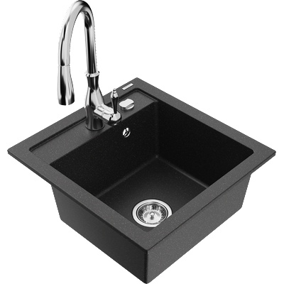 Mexen Vito гранитна мивка с 1 камера и кухненски смесител Savita, черен/сребрист металик - 6503-73-672601-00 (6503-73-672601-00)