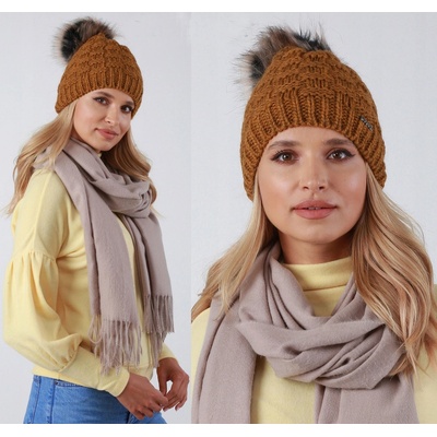 Fashionweek dámská zimní čepice s bambulí flísová podšívka ZIZI-P16 Camel