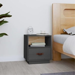 vidaXL Нощно шкафче, сиво, 40x34x45 см, борово дърво масив (818299)