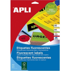  Етикети Apli жълт неон 38, 1 х 21, 2 mm А4 20 л (1110264-59-15074)