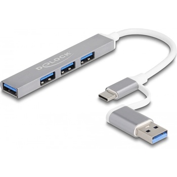 Delock 4 порта тънък USB концентратор USB Type-C или USB Type-A - 3 x USB 2.0 Type-A гнезда + 1 x USB 5 Gbps Type-A гнездо
