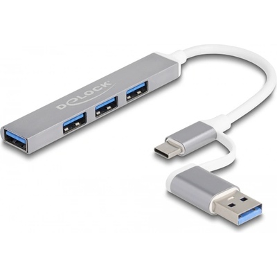 Delock 4 порта тънък USB концентратор USB Type-C или USB Type-A - 3 x USB 2.0 Type-A гнезда + 1 x USB 5 Gbps Type-A гнездо