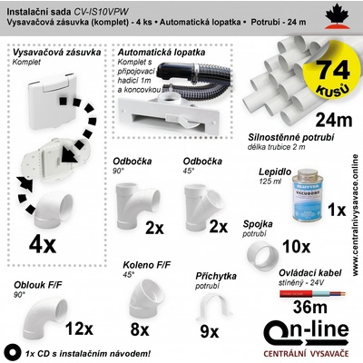 Instalační komplet centrálního vysávání - zásuvka (4 ks), podlahová štěrbina (1 ks), potrubí (24 m), potrubní díly (74 dílů). Určeno pro centrální vysavače a centrální vysávání.