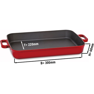 G.Gastro Servírovací pánev / Zapékací mísa - litina - 300x220 mm - Výška: 60 mm - vhodné pro indukci, plyn, sklokeramiku a elektrický sporák - červená - sendvičové dno - 4181