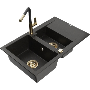 Mexen Gaspar гранитна мивка, 1, 5 камери с отцедник и кухненски смесител Flora, черен/златист - 6507-75-670401-57-G (6507-75-670401-57-G)