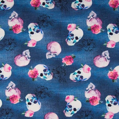 Úplet modrý denim, lebky a květy, š.150