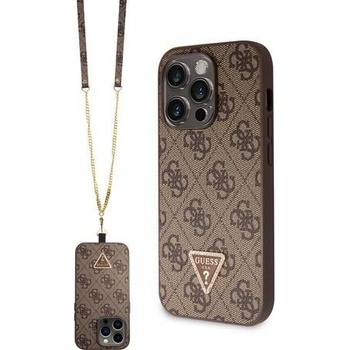 Pouzdro Guess PU 4G Strass Triangle Metal Logo + Crossbody Popruh iPhone 15 Pro Max hnědé