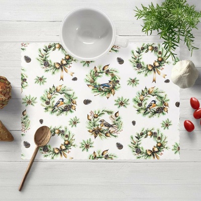 Biante Teflonové prostírání TF-103 Vánoční věnce s ptáčky na bílém 35x45cm