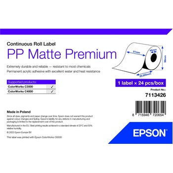 Epson 7113426 PP Matte, за ColorWorks, 51мм x 29м, полипропилен, бели самозалепващи етикети (7113426)