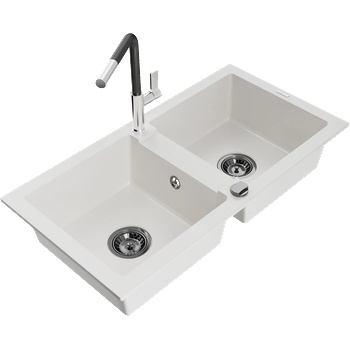 Mexen Mario гранитна мивка с 2 отделения и кухненски смесител Flora, бял - 6504-20-670401-07-B (6504-20-670401-07-B)