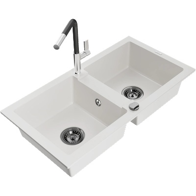 Mexen Mario гранитна мивка с 2 отделения и кухненски смесител Flora, бял - 6504-20-670401-07-B (6504-20-670401-07-B)