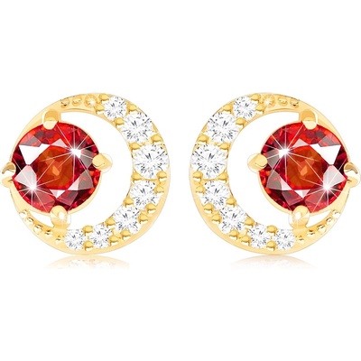 Šperky Eshop Zlaté náušnice 14K obrys kruhu s granátem a zirkonem GG89.30