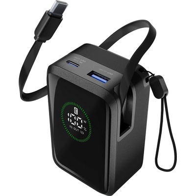 Cellularline Външна батерия ROLLER 10000 mAh 45W, ролетен кабел, LED дисплей, черна 15425