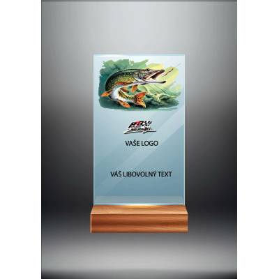 Skleněná trofej na dřevěném podstavci Rybolov Výška: 17,5 cm