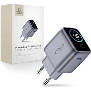 Tech-Protect powervision nc45w-gan, мрежово зарядно устройство с 1 порт pd 45 w, тъмносиво