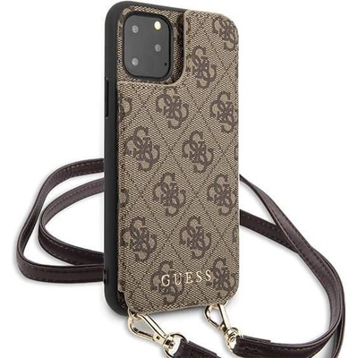 GUESS Crossbody Hard Case With Strap - дизайнерски кейс с висока защита и връзка за носене за iPhone 11 Pro (кафяв)