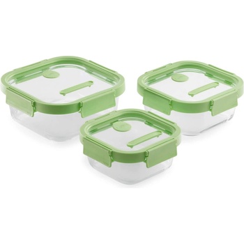 Lékué Комплект 3 бр кутии за храна Lekue 1009493, 0.5/0.8/1.1 л, Четиристранно затваряне, Клапан за микровълнова, -20/+100°C, Стъкло, Зелен (1009493)