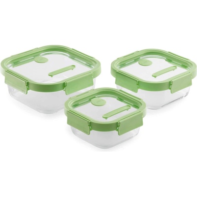 Lékué Комплект 3 бр кутии за храна Lekue 1009493, 0.5/0.8/1.1 л, Четиристранно затваряне, Клапан за микровълнова, -20/+100°C, Стъкло, Зелен (1009493)