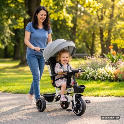 Pepita Fleppy s 360° otočným sedadlom nastaviteľným sedadlom rúčkou na tlačenie a košíkom sivá